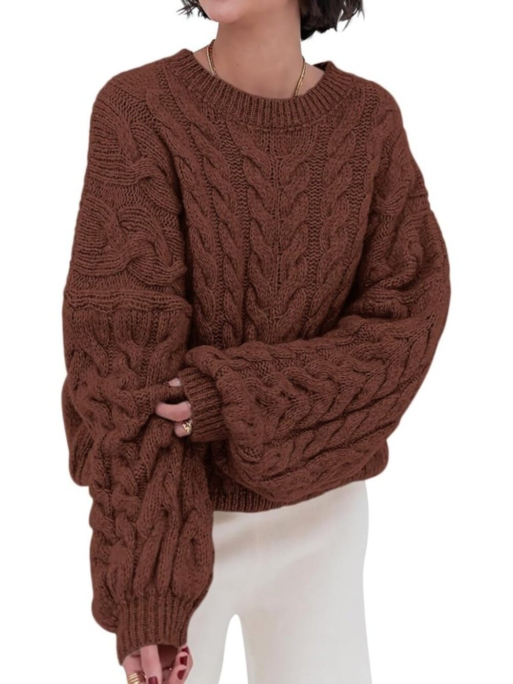 Women's Brown Cable Knit Long Sleeve Crewneck Oversized Chunky Loose Sweaters